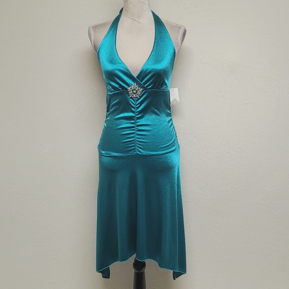 Deadstock Vintage Charlotte Russe Teal Satin Brooch Shark Bite Hem Halter Dress - Picture 2 of 14